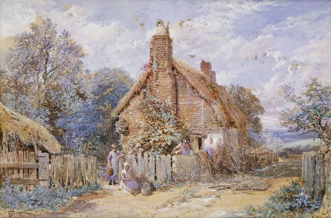 Children by a Thatched Cottage at Chiddingfold Myles Birket Foster