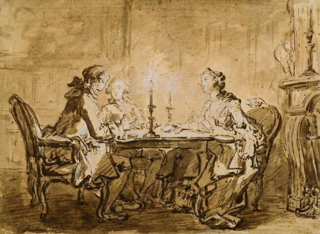 Deux gentilshommes et une dame jouant aux cartes Louis-Jean-Jacques Durameau