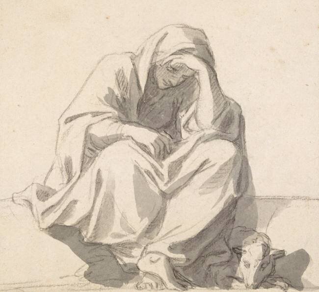 Femme affligée assise Charles Le Brun