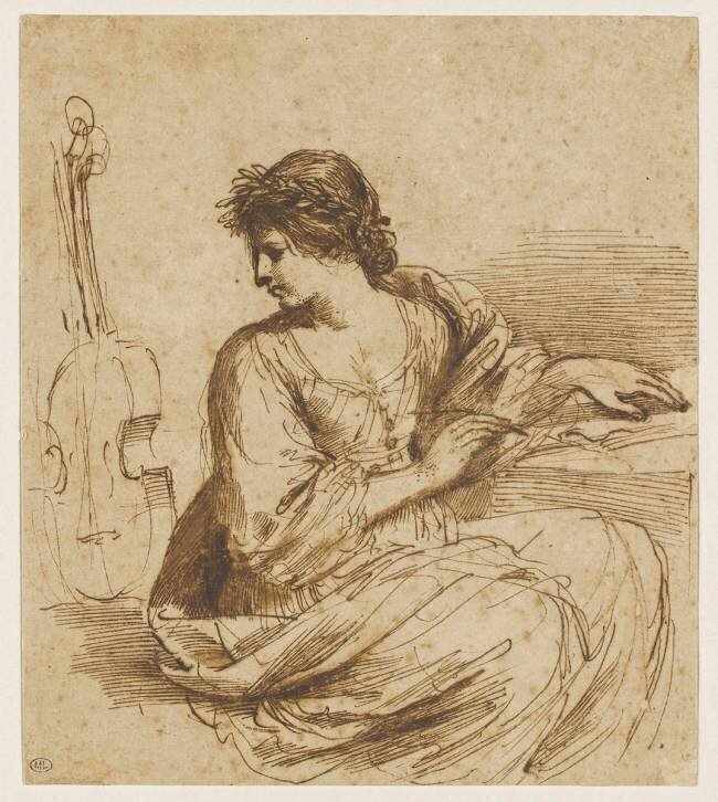 Femme assise, écrivant, près d'un instrument de musique : la muse Euterpe Guercino