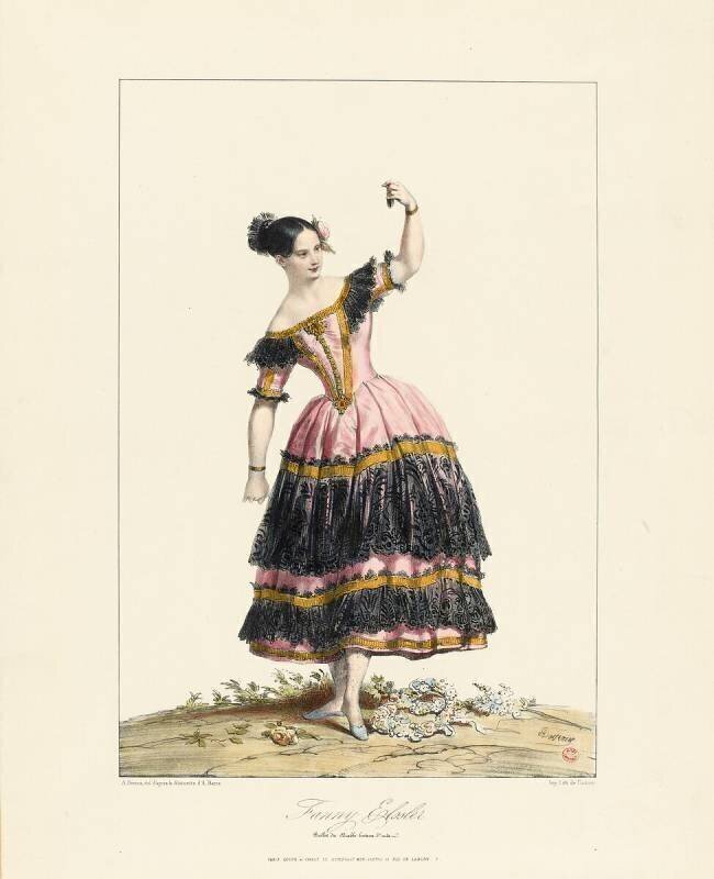 Historical costumes: Fanny Elssler dancing the cachucha in Le Diable boiteux Achille Devéria