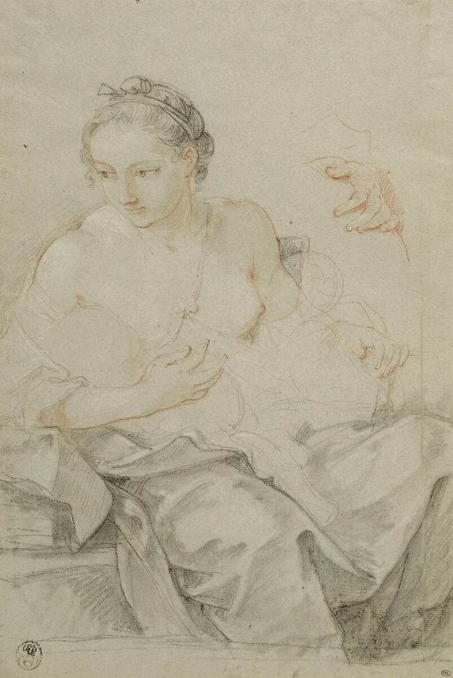 Jeune femme assise allaitant un enfant ; reprise de la main gauche Charles Joseph Natoire