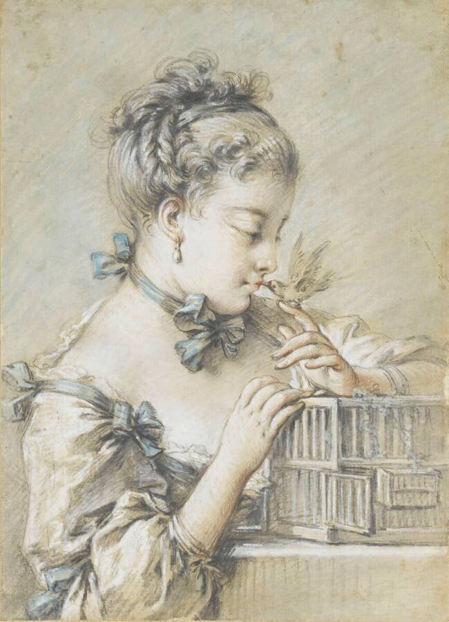 Jeune femme à mi-corps, tenant un oiseau qui becquette sa bouche François Boucher