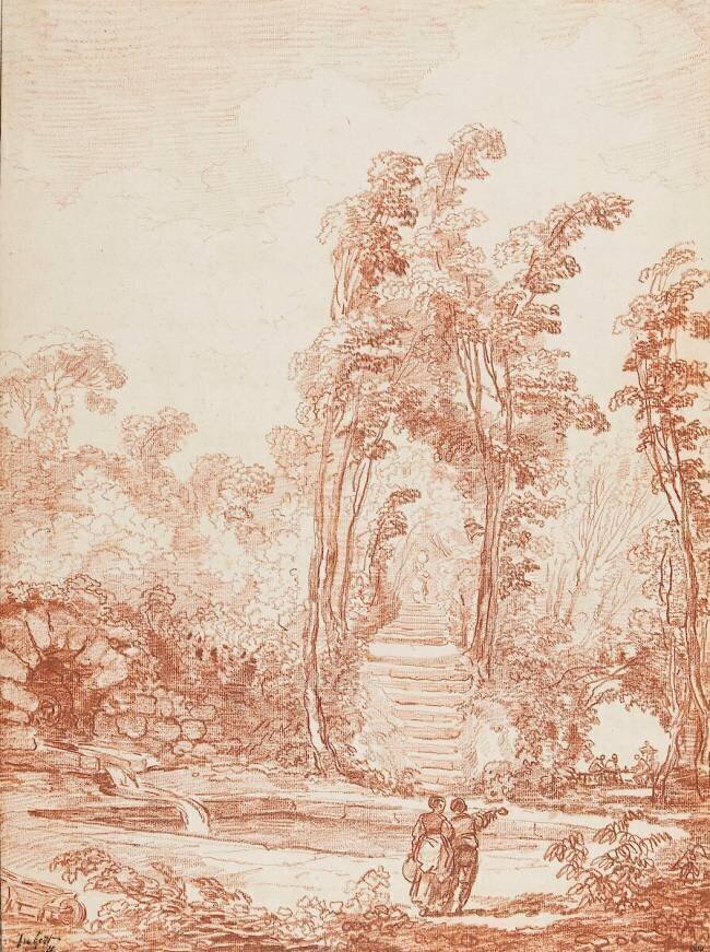 Personnages près d'un bassin, dans un parc Hubert Robert