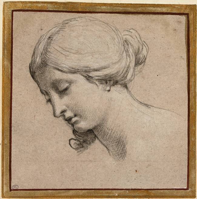 Tête de femme baissée aux cheveux relevés Simon Vouet