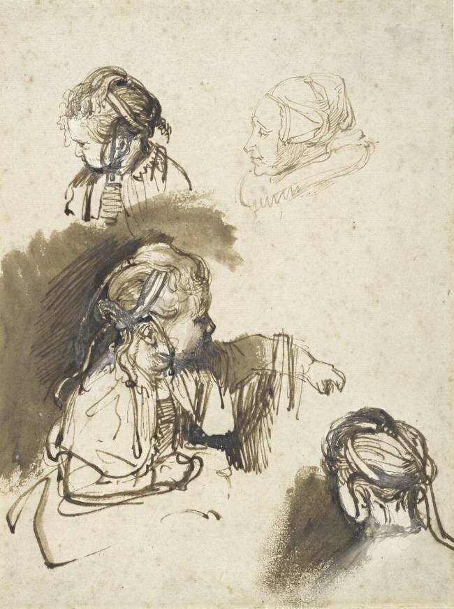 Three Studies of a Child and One of an Old Woman Rembrandt