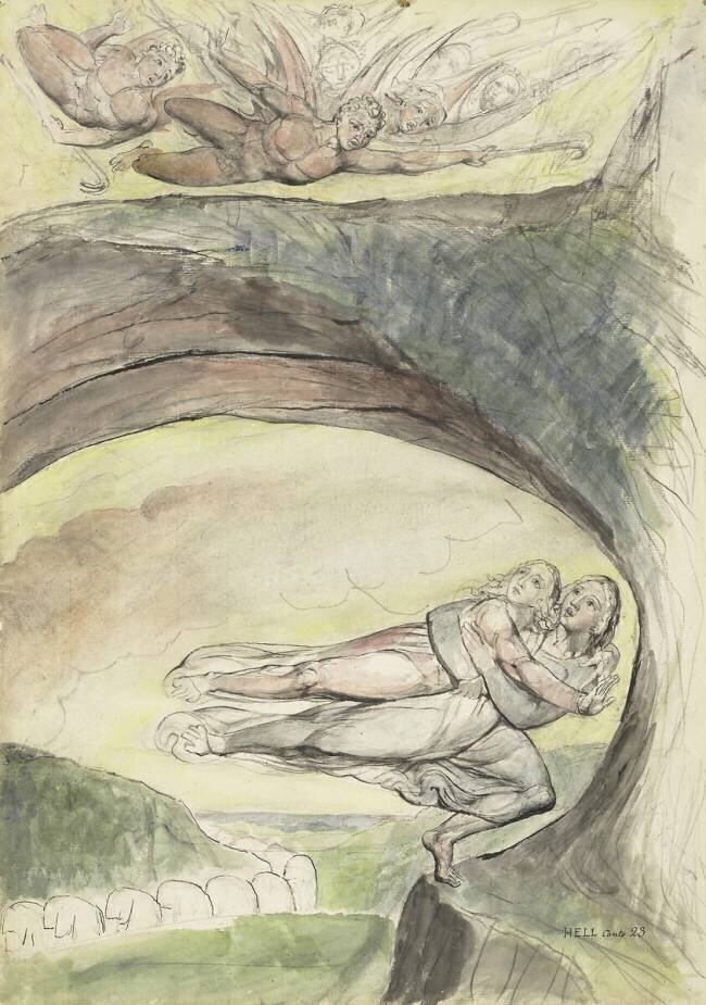 Virgil rescues Dante from the evil demons William Blake