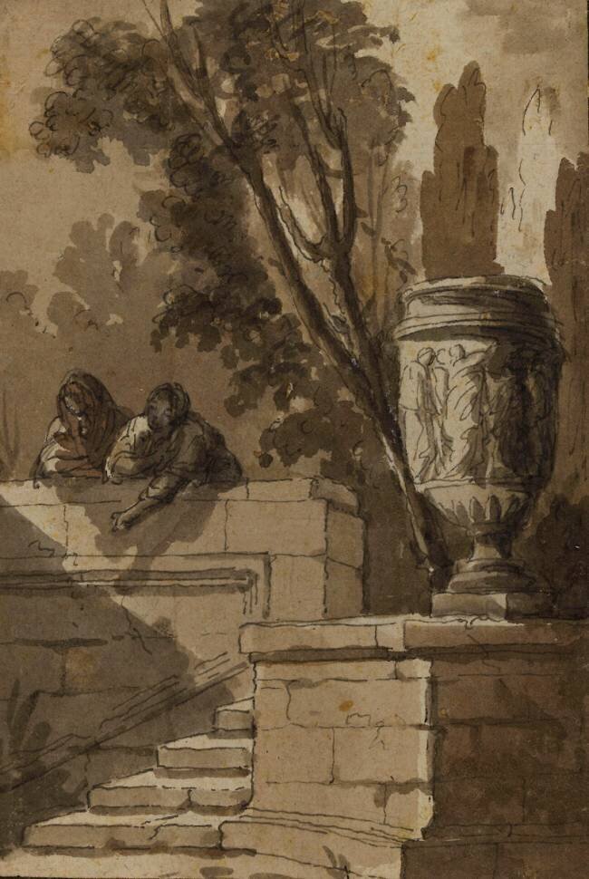 Vue d'un parc, escalier de pierre, vase Pierre Lelu