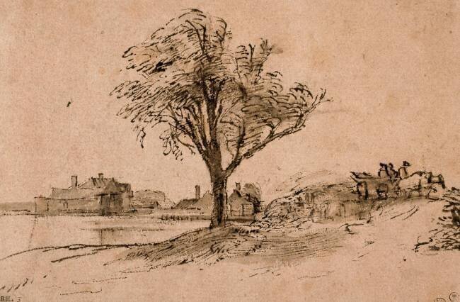 Arbre au pied d'une digue (Diemerdijk ?) où passe une voiture Rembrandt