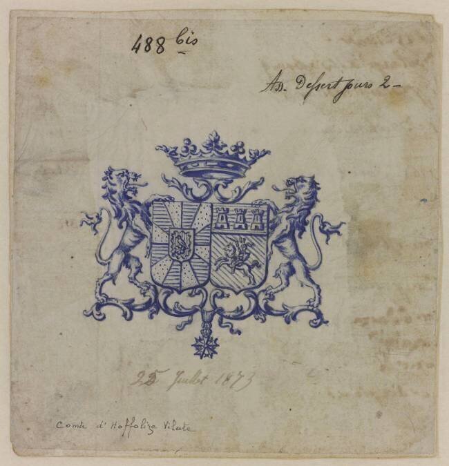 Blason aux armes de la famille d'Hoffelize et Villatte de Peufeilhoux et d'Outremont Emile Gallé
