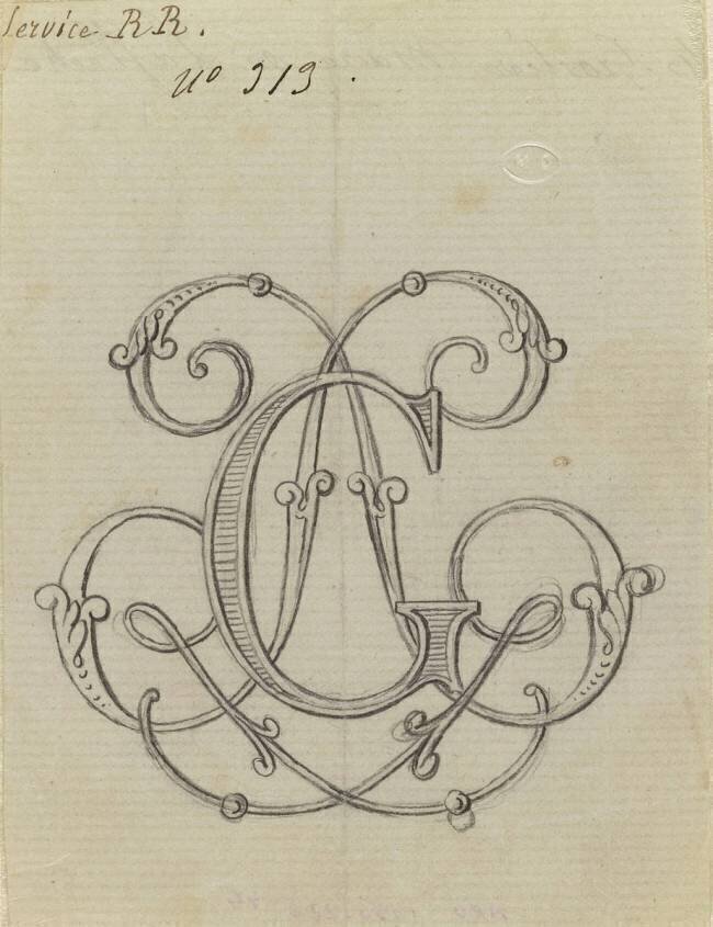 Chiffres L et G. Deux L entrelacés en anglaise fleuronnée et G en majuscule Napoléon Emile Gallé