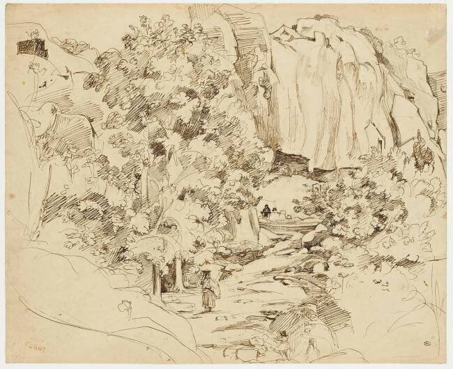Figures dans un vallon traversé par un ruisseau , près de Papigno Jean-Baptiste Camille Corot