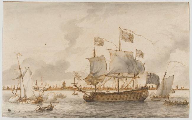 Grand navire anglais sur une rivière Ludolf Backhuysen