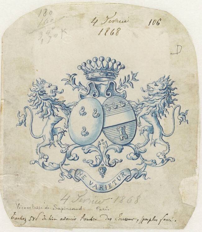 Modèle de blason aux armes de la famille Sapinaud du Boishuguet et de la Rairie Emile Gallé