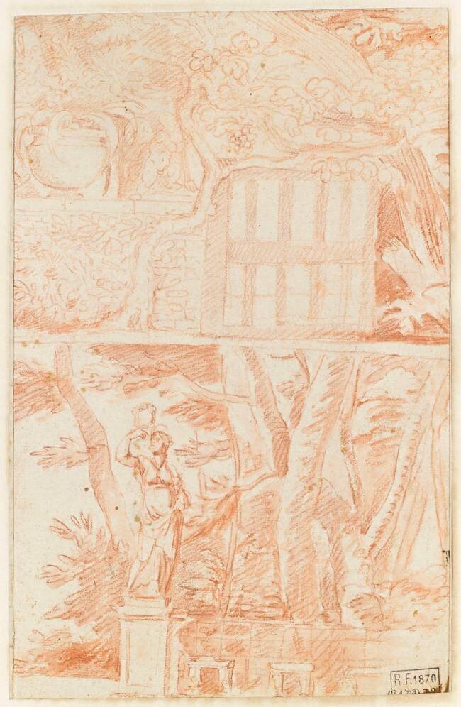 Mur de jardin avec vase et statue; statue de femme devant des arbres Pierre Henri de Valenciennes