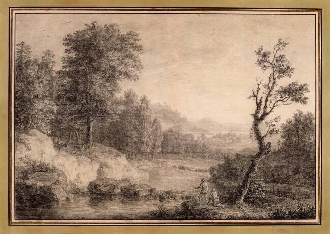 Paysage avec deux hommes au bord d'une rivière et trois cerfs Simon Mathurin Lantara