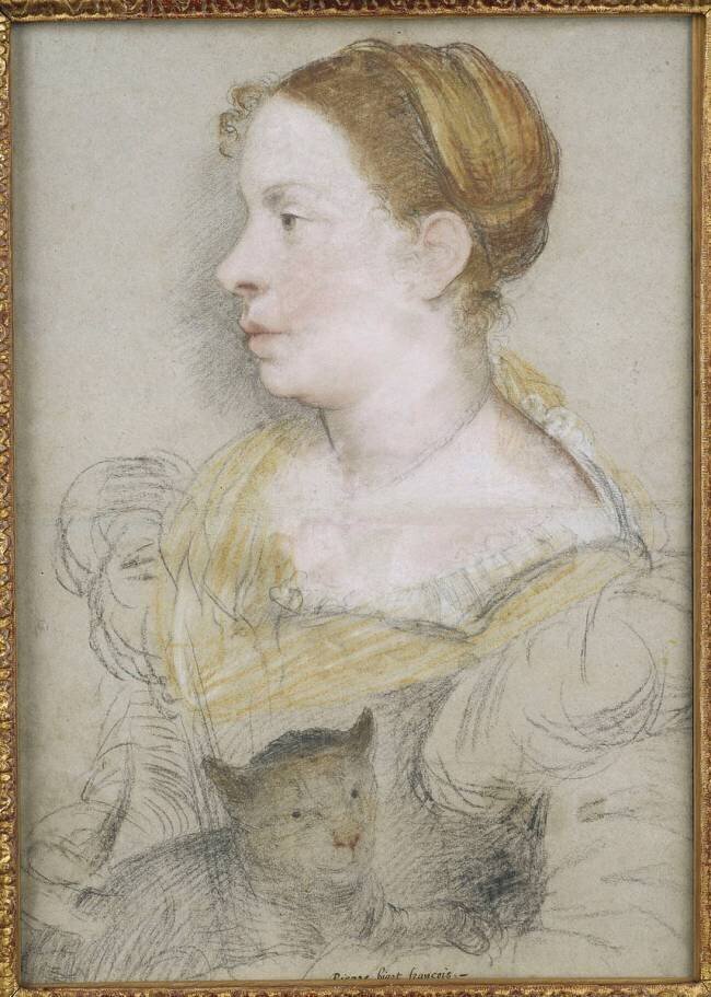 Portrait de femme en buste, tournée vers la gauche, vue de profil, tenant un chat Pierre I Biard