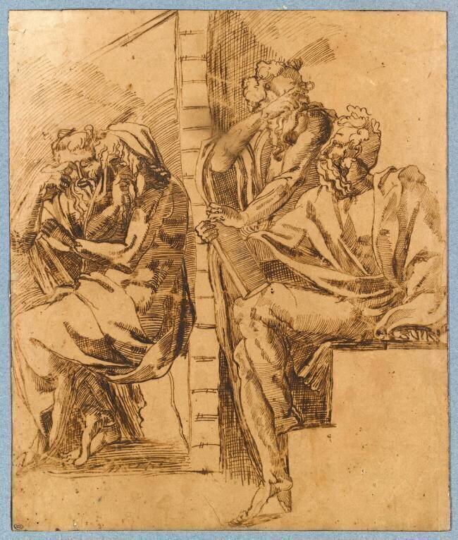 Quatre vieillards assis avec des livres, deux portent des lunettes Baccio Bandinelli (d'après)
