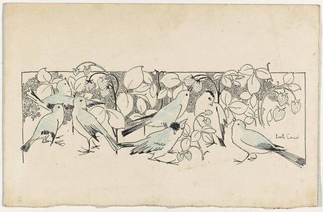 Revue des Arts Décoratifs : frise d'oiseaux sur fond de fraises Emile Causé