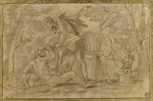 Un satyre debout donne à boire à Silène couché à terre Giulio Romano (d'après)