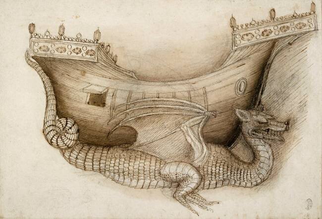 Coque d'un navire porté par un dragon, vus de profil et esquisse d'un dragon Pisanello