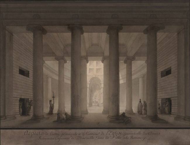  Appearance of the main entrance and the interior of the convent church Jean-Jacques Lequeu
