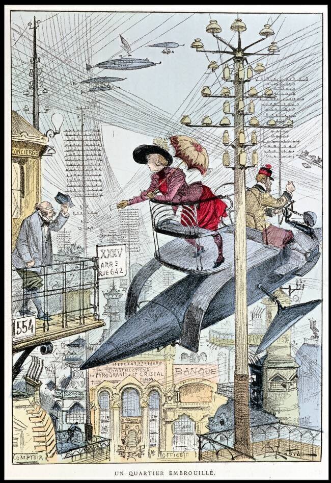 Anticipation : representation imaginaire d'une ville en 1953 : une jeune femme sur un engin volant circulant dans le ciel. Albert Robida