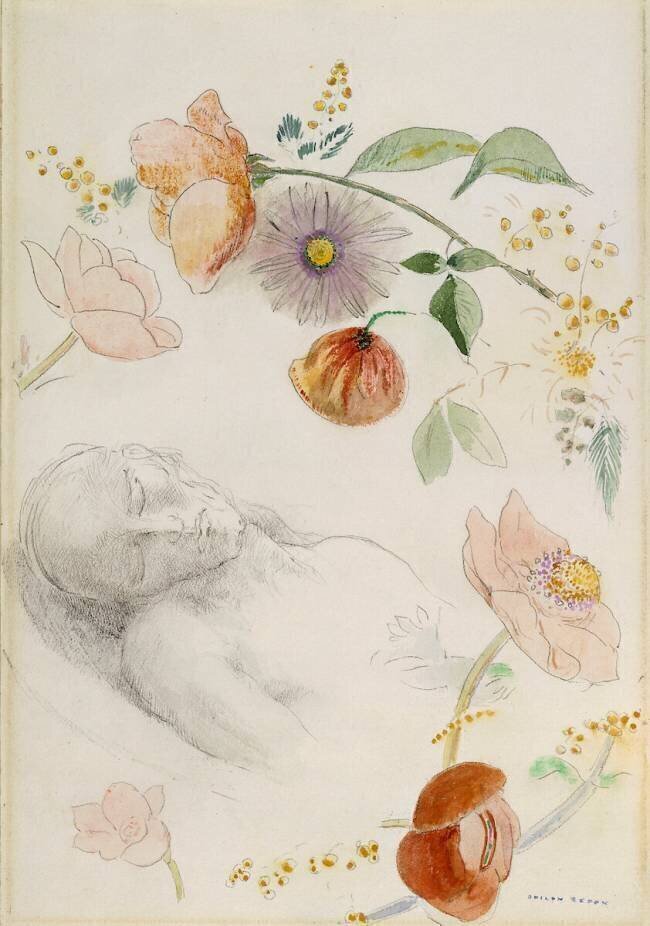 Buste d'homme aux yeux clos, entouré de fleurs Odilon Redon