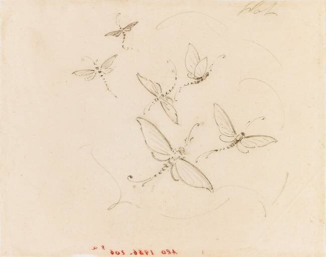Décor d'un plat : vol de six papillons dans un cartouche esquissé Emile Gallé