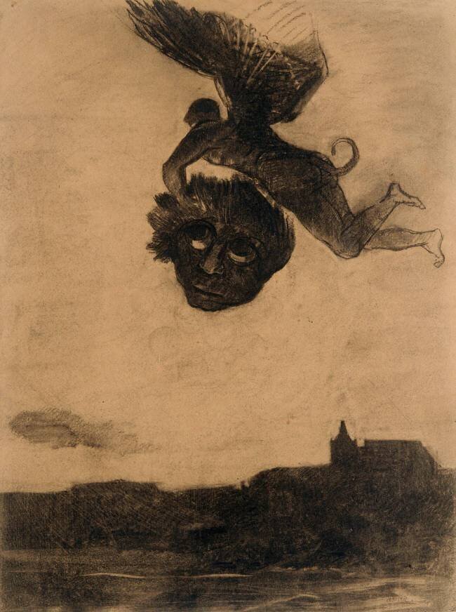 Démon ailé dans les airs, tenant un masque Odilon Redon