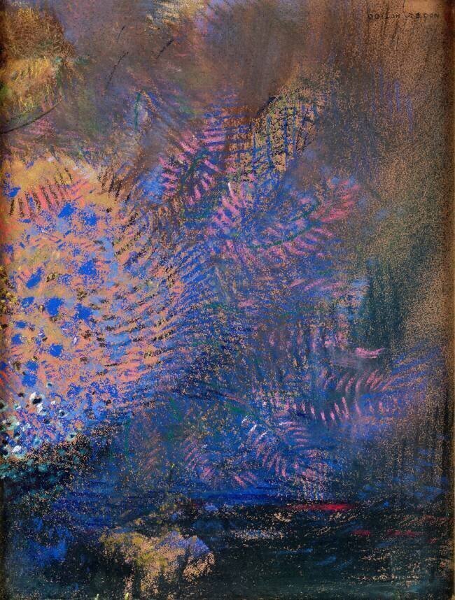 Fantaisie : éclatement orange et bleu, sur fond sombre Odilon Redon