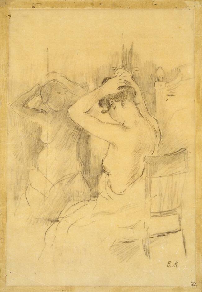 Femme demi nue, vue de dos, se coiffant, une glace reflétant son corps Berthe Morisot