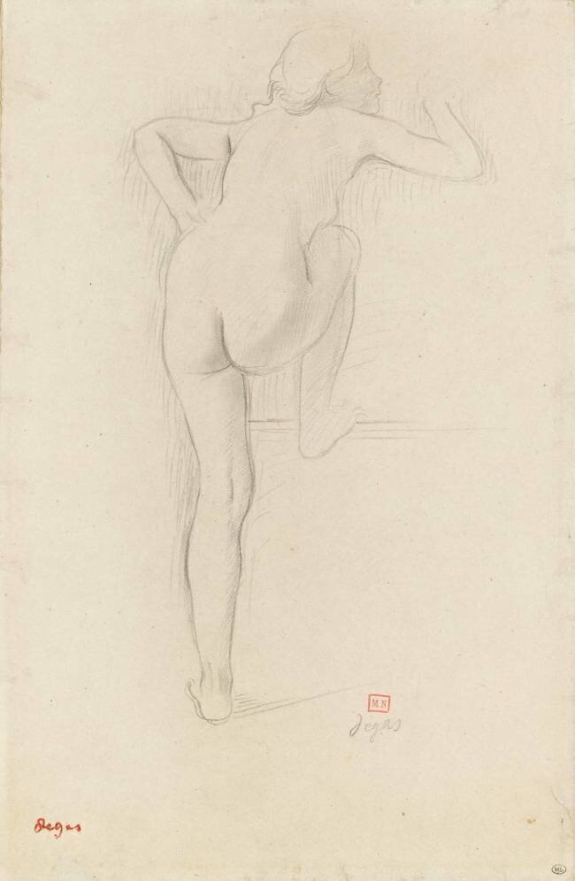Femme nue vue de dos, montant dans un char Edgar Degas