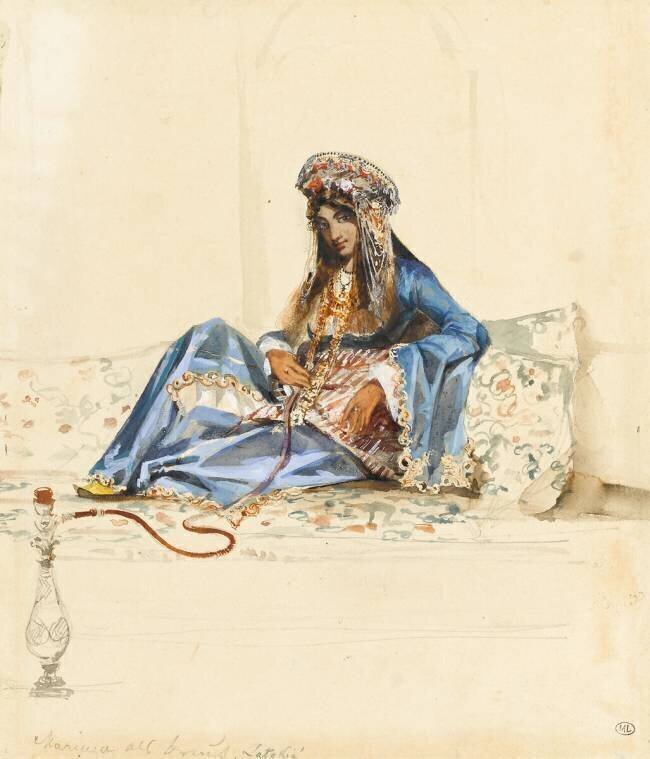 Femme turque à demie-étendue sur un divan et fumant le narguilé Prosper Marilhat