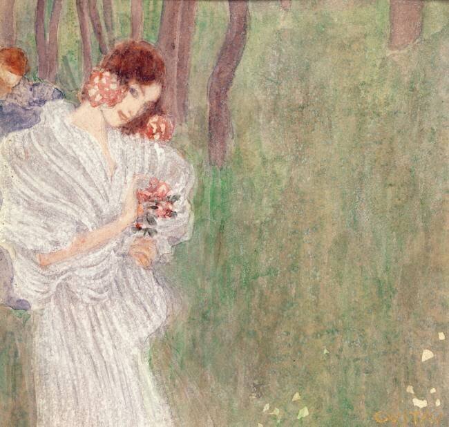 Girl in a White Dress Standing in a Forest Gustav Klimt