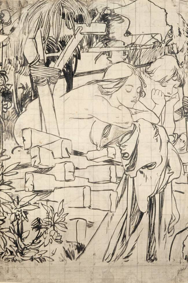 Jeunes gens regardant depuis une hutte en bois Alfons Mucha
