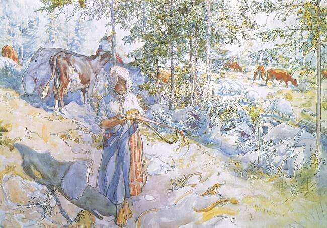 Last of all came little Kertsi with a willow twig to drive the cows Carl Larsson