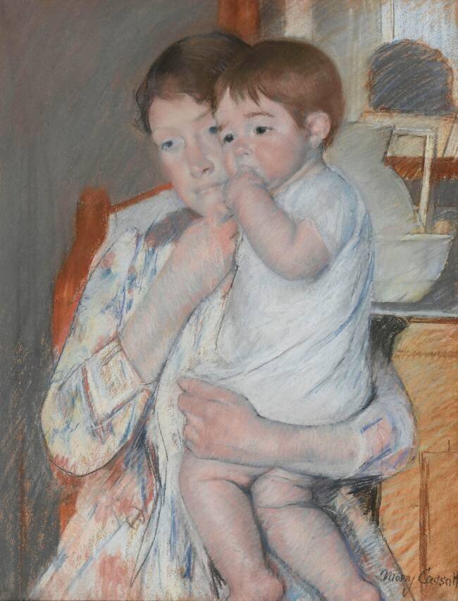Mère et enfant : la femme tient sur ses genoux son enfant qui suce son pouce Mary Cassatt
