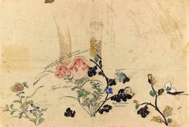Modèle de décor pour un panier en faïence : marguerites, pervenches, herbages, papillons en vol Emile Gallé