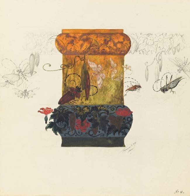 Modèle de vase en faïence à décor de sauterelles, papillons, longicorne et bigorne Emile Gallé