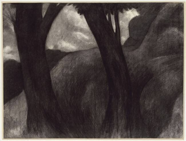 Paysage sombre : deux arbres se détachent sur une colline Joan González
