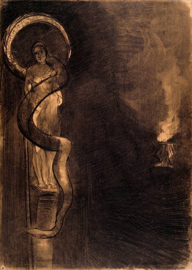 Serpent Auréole : figure féminine sur une colonne, enroulée d'un serpent Odilon Redon