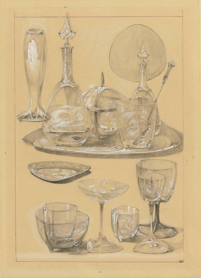 Services de verres et carafes, plateau Alfons Mucha