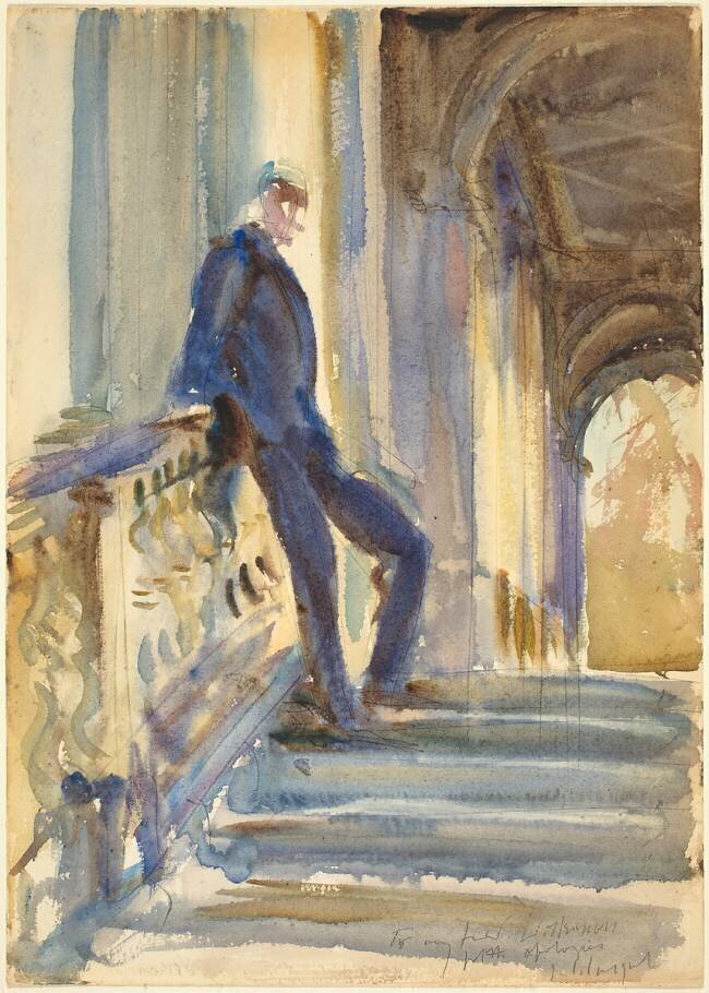 Sir Neville Wilkinson on the Steps of the Palladian Bridge at Wilton House John Singer Sargent