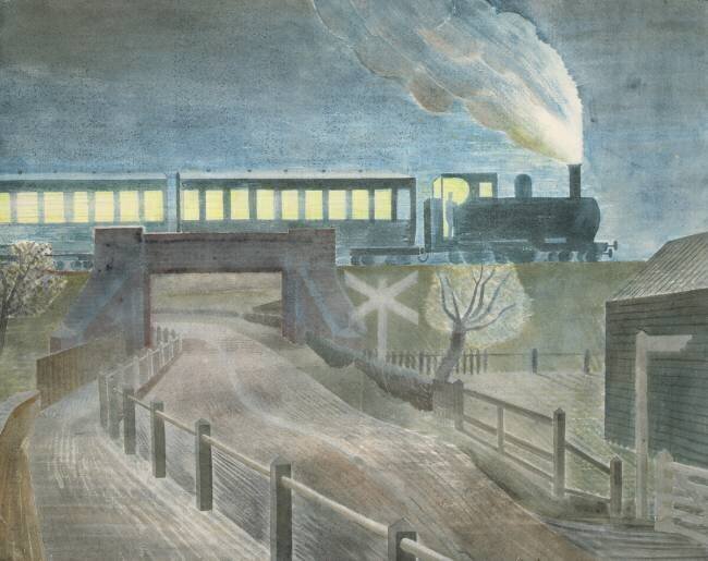 Train going over a bridge at night Eric Ravilious