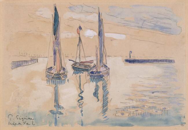Trois barques à voiles à l'abri d'une jetée Paul Signac