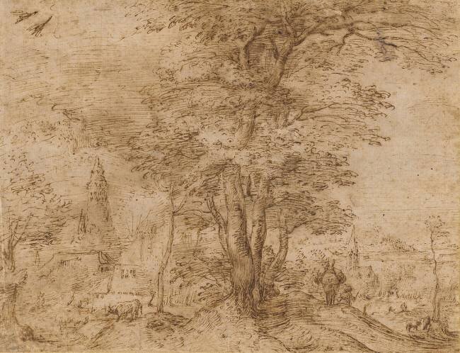 A village with a group of trees and a mule Pieter Brueghel the Elder