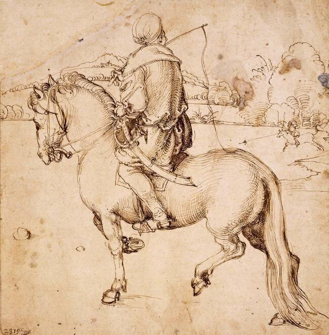 Cavalier oriental, de dos, se dirigeant vers la gauche, tenant un fouet Albrecht Dürer