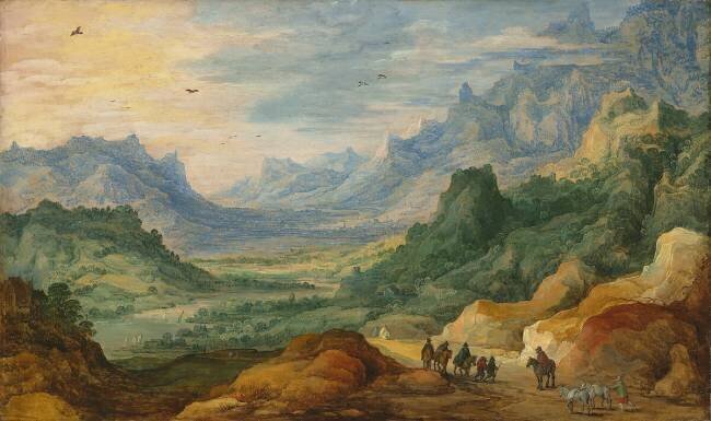 A mountainous landscape with travellers and herdsmen on a path Jan Brueghel the Younger