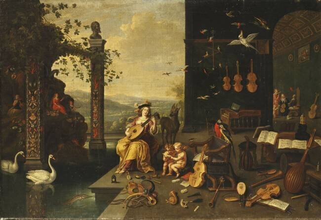 A Personification of Music: A young Woman playing a Lute on a Terrace before an open Gallery Jan van Kessel